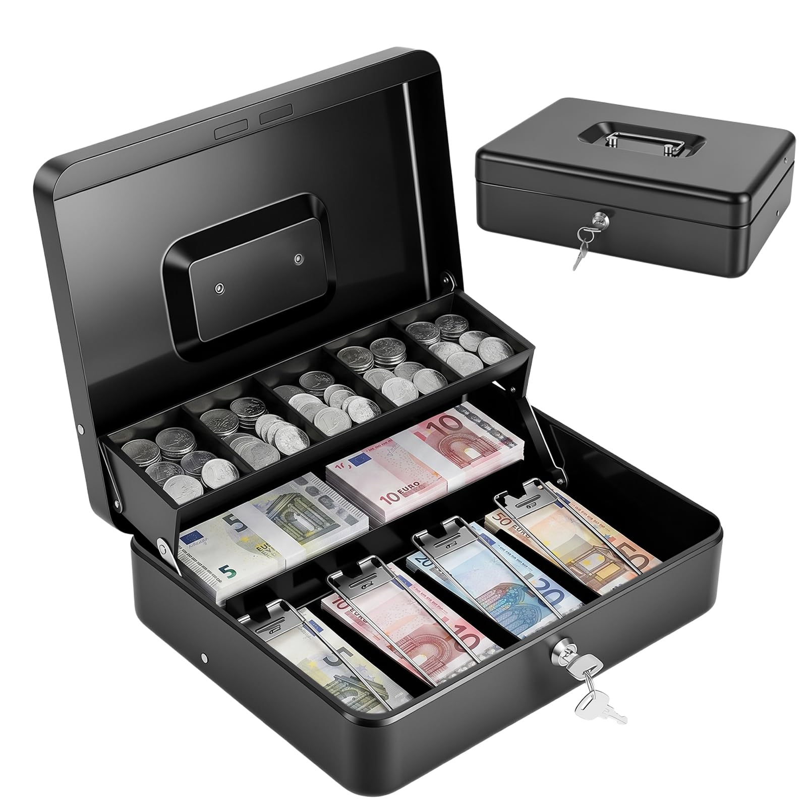 Metal Money Tin Box, Cash Box with 2 Keys, Money Organizer Tray Small Lockable Cash Box for Petty Cash Coins Notes, Locking Safe Box with Coin Tray for Home, Office, Events, 9H x 30W x 24D cm, Black