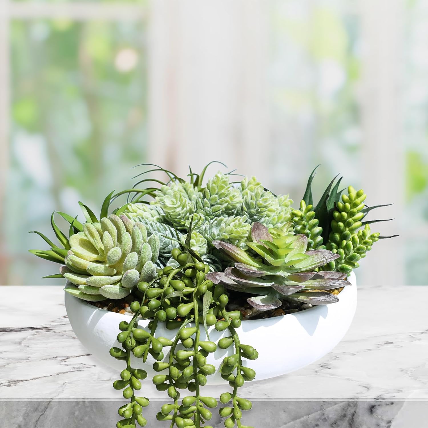 Winlyn 9" Artificial Potted Succulent Plants Arrangement Assorted Faux Succulents in White Round Concrete Planter Fake Succulent Bowl for Home Garden Wedding Centerpiece Mantel Table Greenery Décor