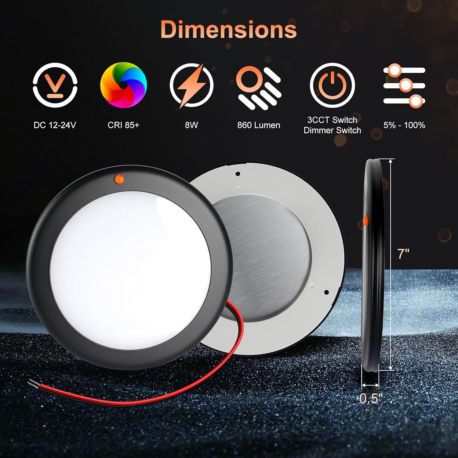 7" LED Marine Boat Ceiling Dome Light 3CCT RV Lights Interior Stainless Surface Mount Cabin Lights with Built-in Dimmer Switch 12V Light Fixture for Truck Camper Trailers Yacht (Black)