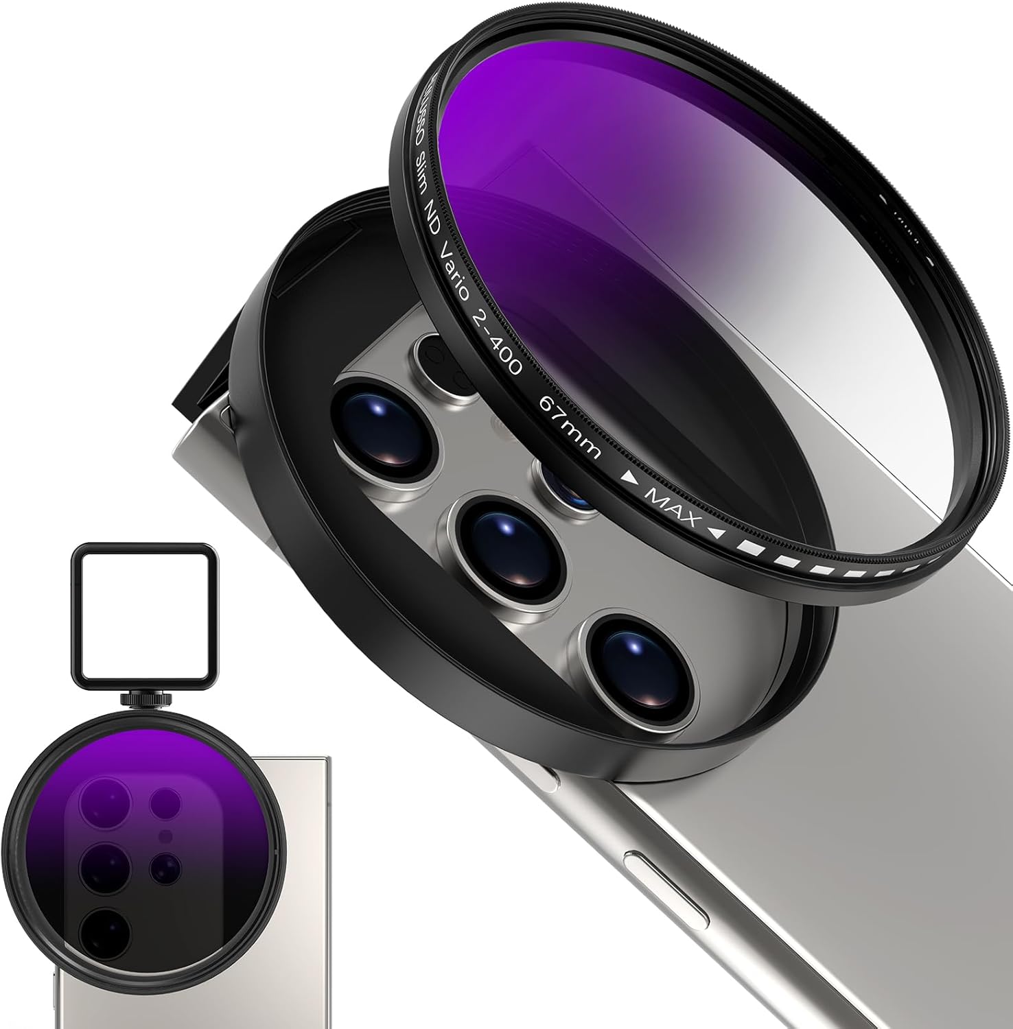 67mm Variable ND2-ND400 Filter for Phone, AR-Coated VND Lens with Metal Cold Shoe Clip, Adjustable Neutral Density Filter Compatible with iPhone 16 15 14 13 Pro Max Plus Samsung Galaxy Moto Google TCL