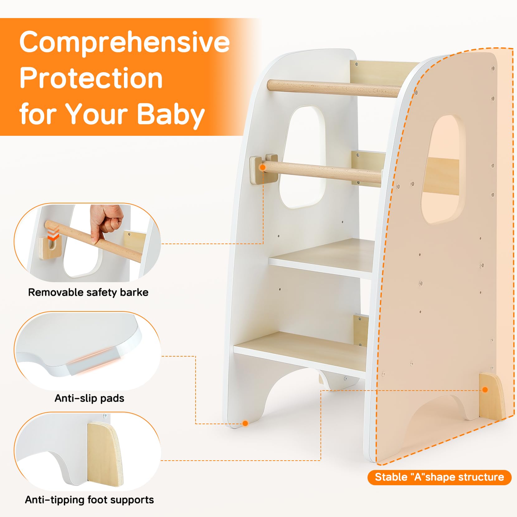 Ezebaby Taburete para niños pequeños, taburete de cocina ajustable, taburete de entrenamiento para niños, para encimera de cocina, fregadero de baño, con riel de seguridad, patas antideslizantes,