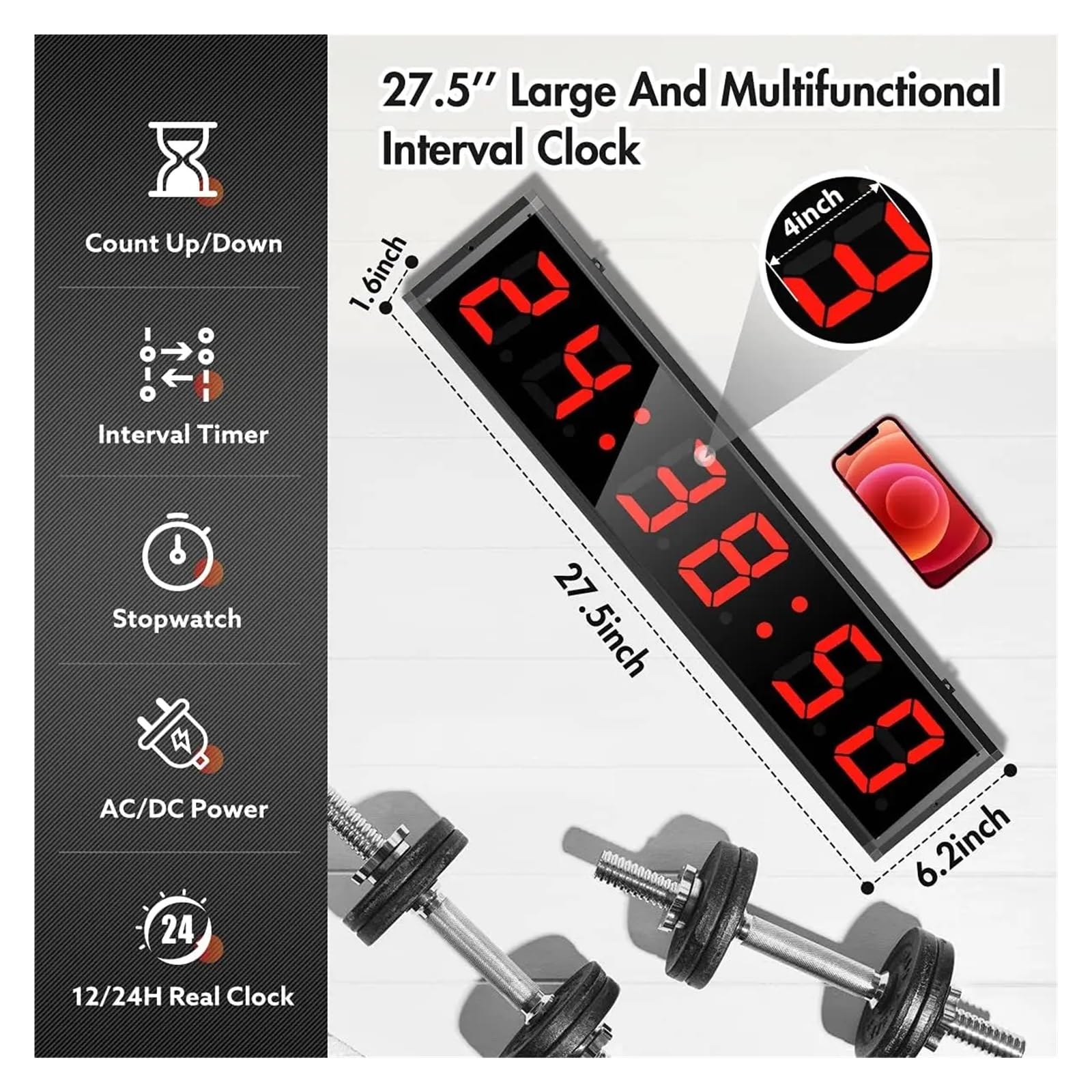 Gym Timer Countdown/Up Wall Clock Stopwatch Fitness Timer