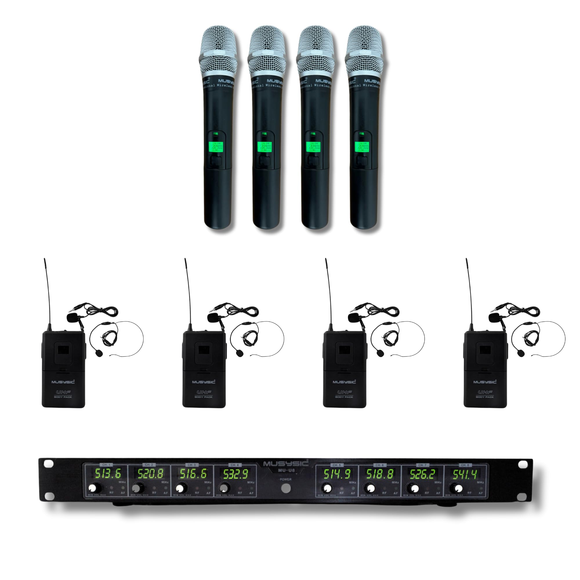 MUSYSICPro Wireless Microphone System – Advanced SM Technology, 1/4" TRS & XLR Output 8 Channel UHF Receiver 4 Handheld Wireless Microphones 4 Lapel Lavalier/Body Pack 4 Headset - MU-U8-HL