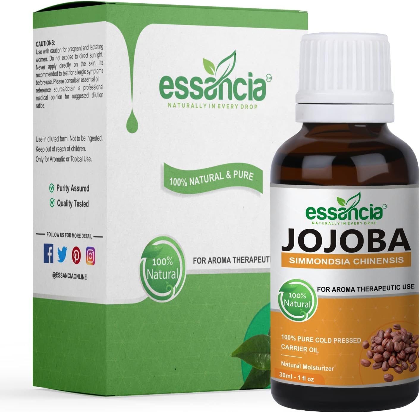essancia - NATURALLY IN EVERY DROP Organic Jojoba Oil For Face, Hair, Lips, Nails, And Makeup Removal - Pure Cold Pressed Oil For Glow, Conditioning, And Acne-Prone/Oily Skin (30Ml)