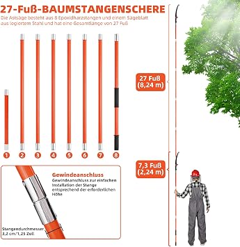 Pole Pruning Saw 27 Foot Tree Pruners Long Reach Telescopic, Manual Pole Saw Adjustable Length, with Blade and Cut Resistant Gloves, Telescopic Tree Pruner for Palm Oak High Branch