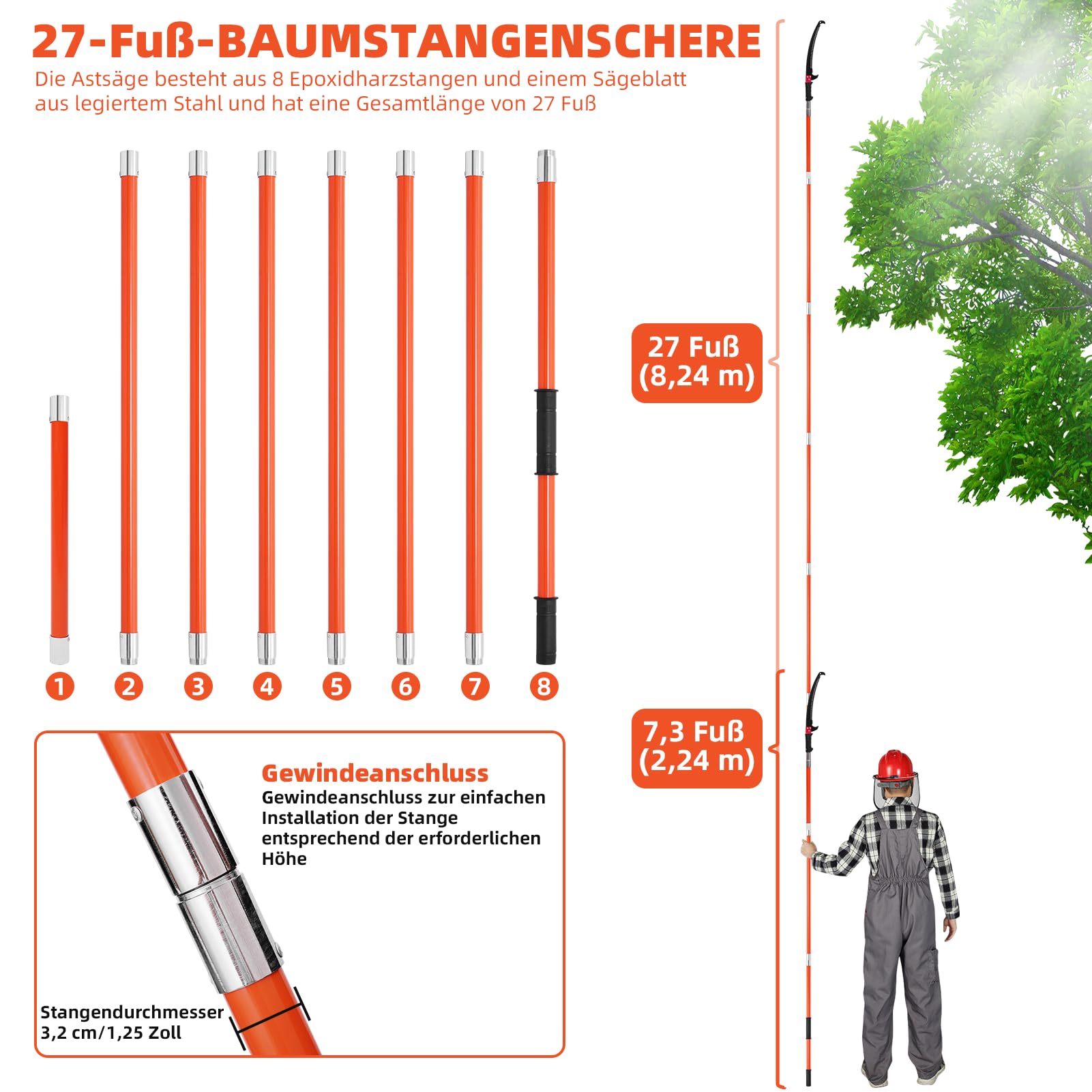 Astsäge mit Teleskopstiel 8m Höhenverstellbar 2,24m-8,24m Astsäge Teleskop Klinge aus Kohlenstoffstahl mit Tragetasche und 2 Sägeblätter Handsäge Stangensäge Handstielsäge Gartengeräte-Set (A)