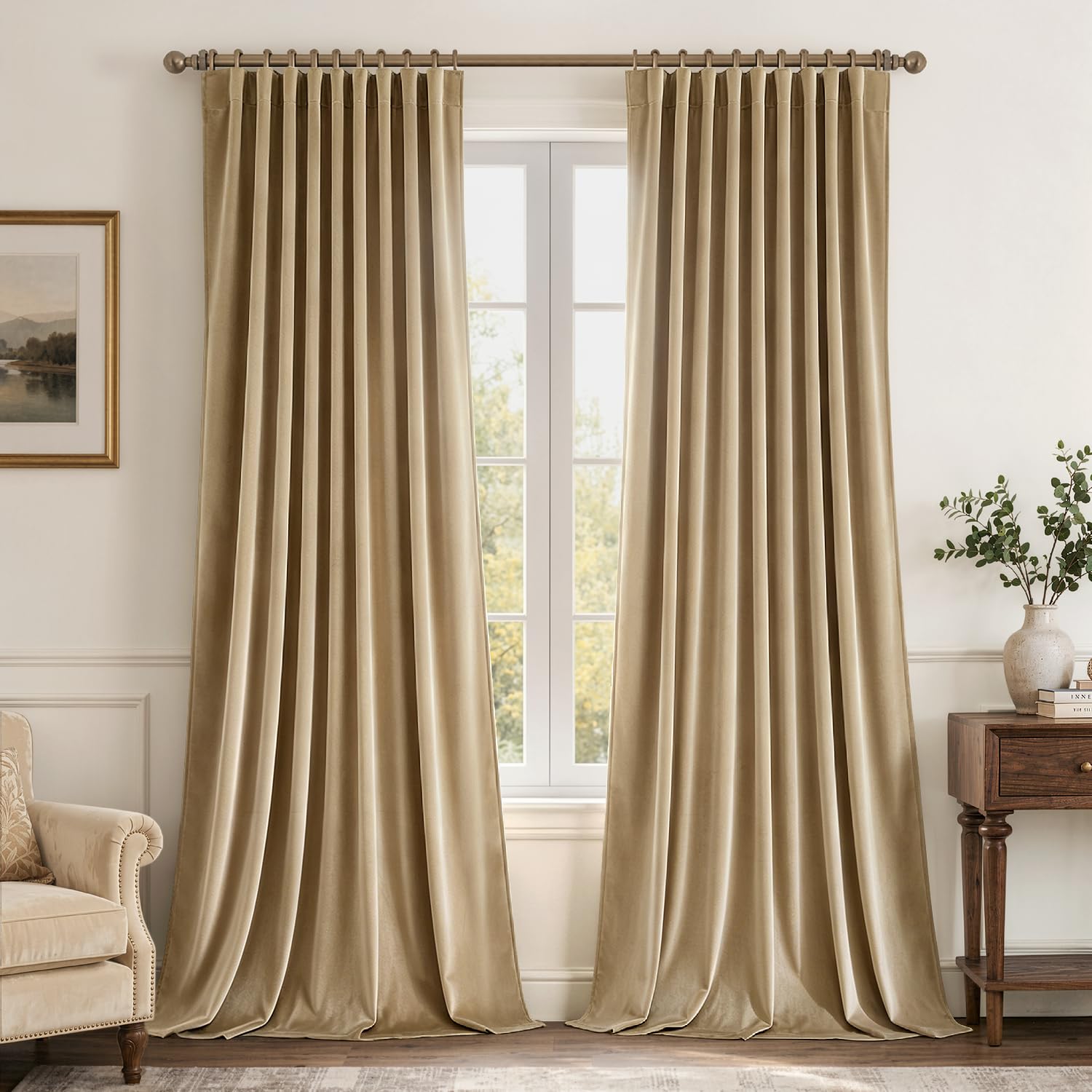 MIULEE Beige Velvet Pinch Pleat Blackout Curtains W52 X L84 Inches