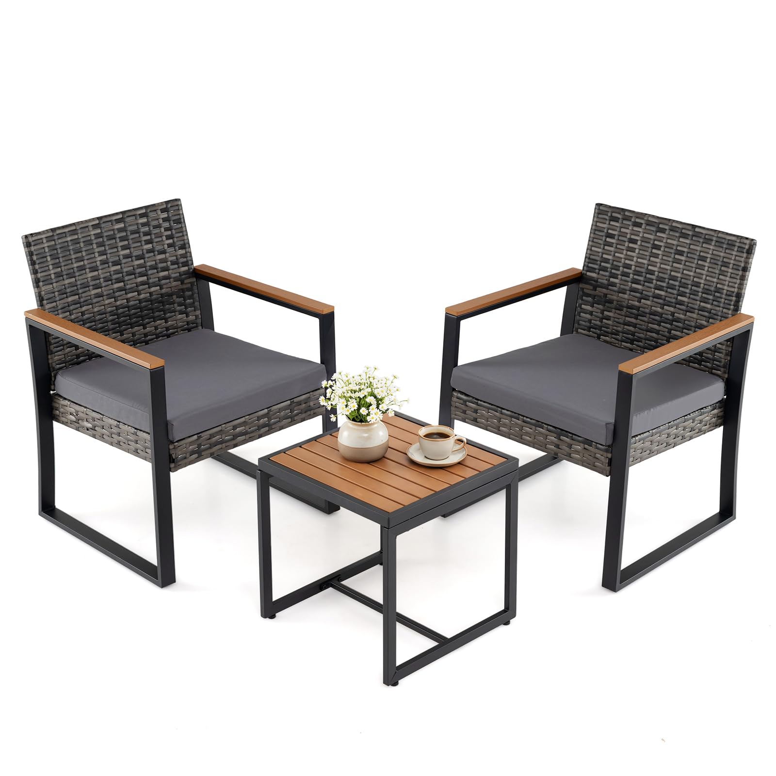 RELAX4LIFE 3 Pieces Rattan Bistro Set, Outdoor Conversation Sets with Slatted Side Table and 2 PE Wicker Armchairs, Metal Frame Garden Furniture Sets for Conservatory Lounge Backyard Poolside (Grey)