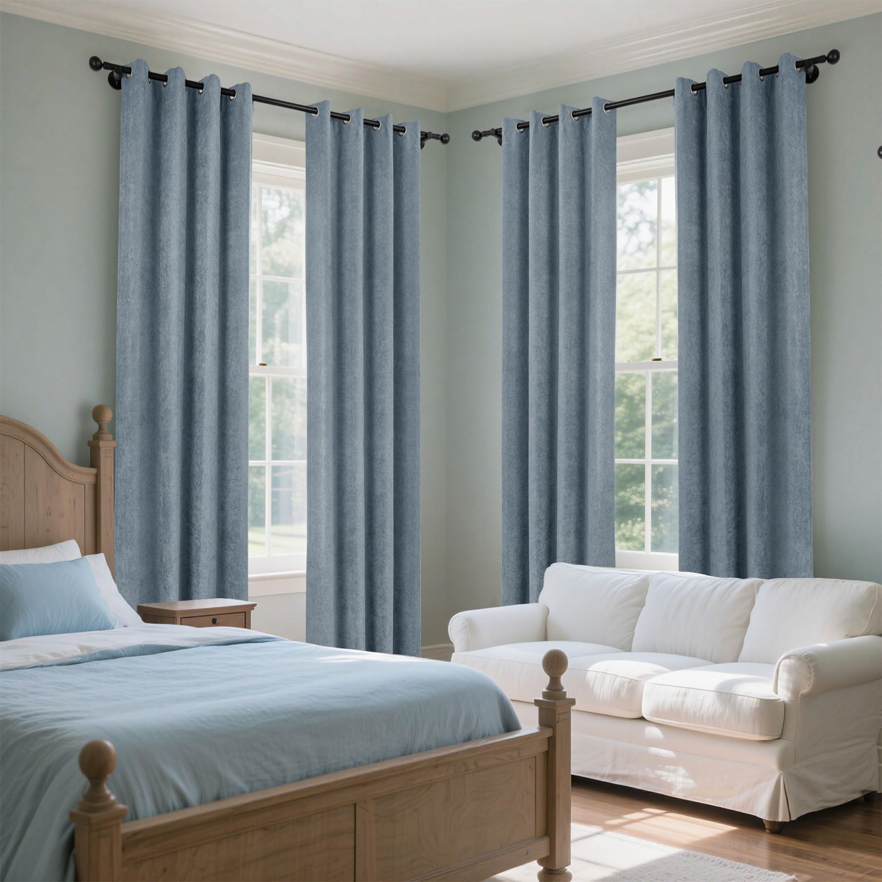 Macochico 100% Blackout Chenille Curtains 84 Inches Long for Bedroom Living Room Kids-Room, Soft and Luxury Thermal Window Drapes, 84”Wx84”L, Sky Blue, Grommet Top with Tieback, 1 Panel