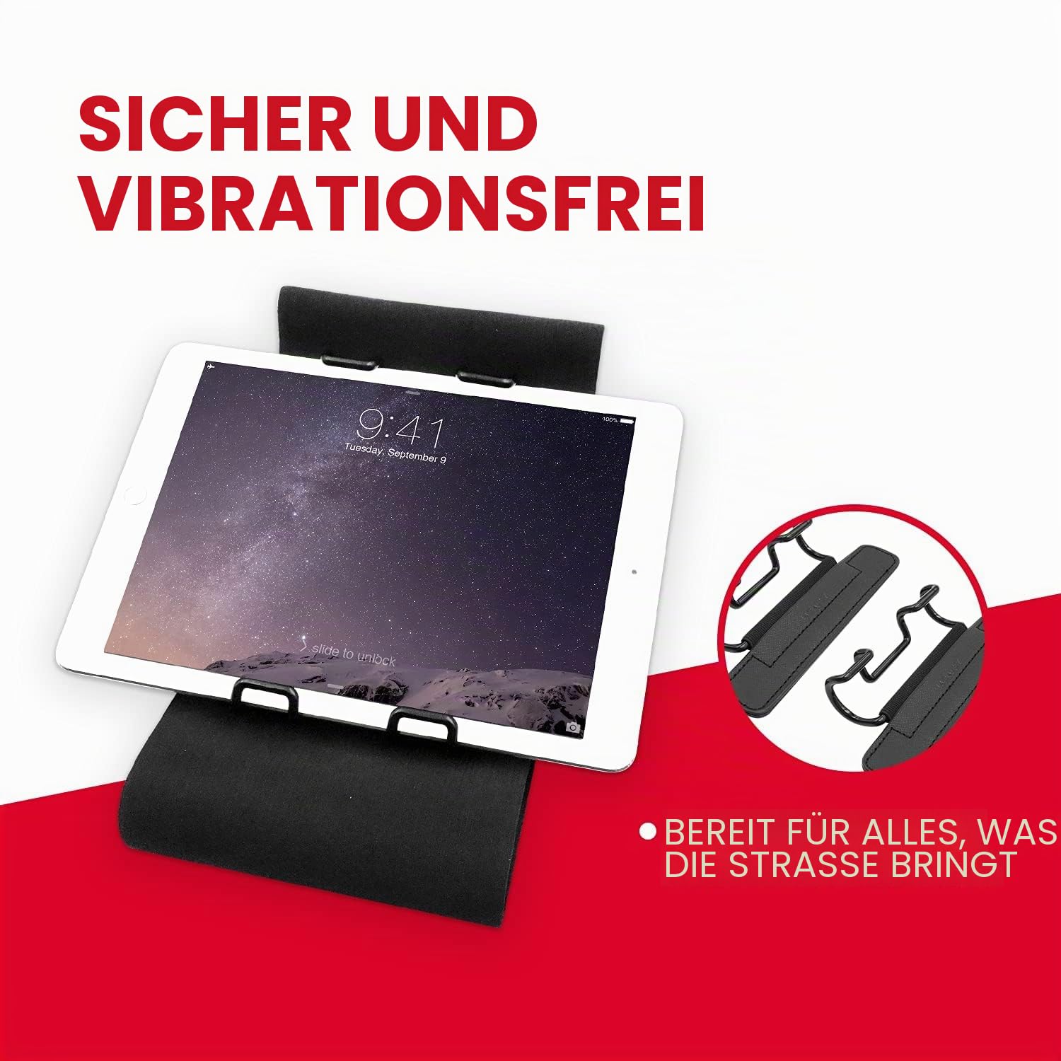 Macally STRAPMOUNT, Kopfstützenhalterung mit verstellbarem Gurt für Fast alle Kopfstützen, für iPad & andere Tablets bis 11 Zoll, schwarz