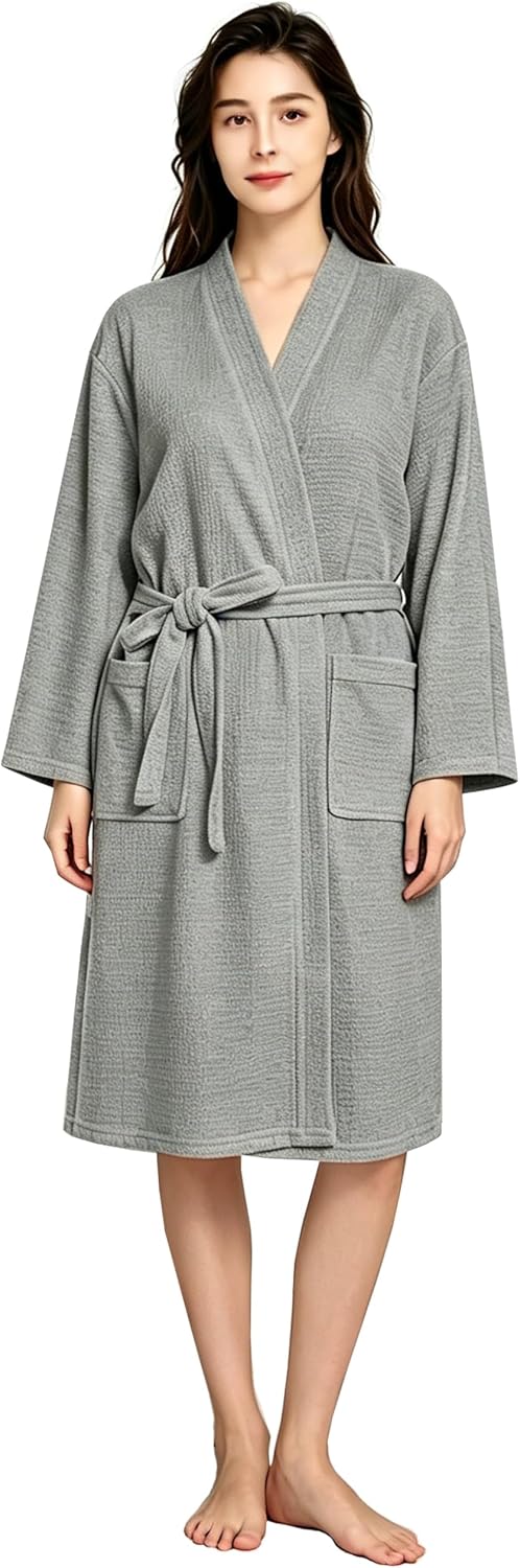 Waffle Robes for Women Knit Cotton Soft Spa Bathrobe | Lightweight Loungewear, Knee Length with Pockets, V Neck, Kimono, Absorbent, Breathable, Removable Belt