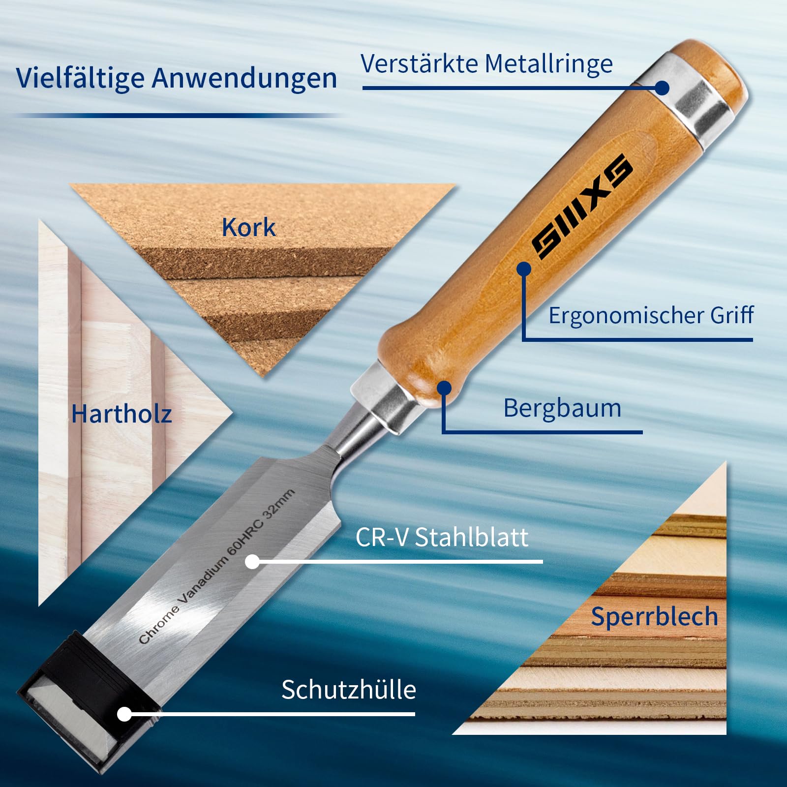 8 Stück Premium Holzmeissel Set, 8 Stück Holzmeissel mit 1 Stück Honing Guide und 1 Stück Schleifstein