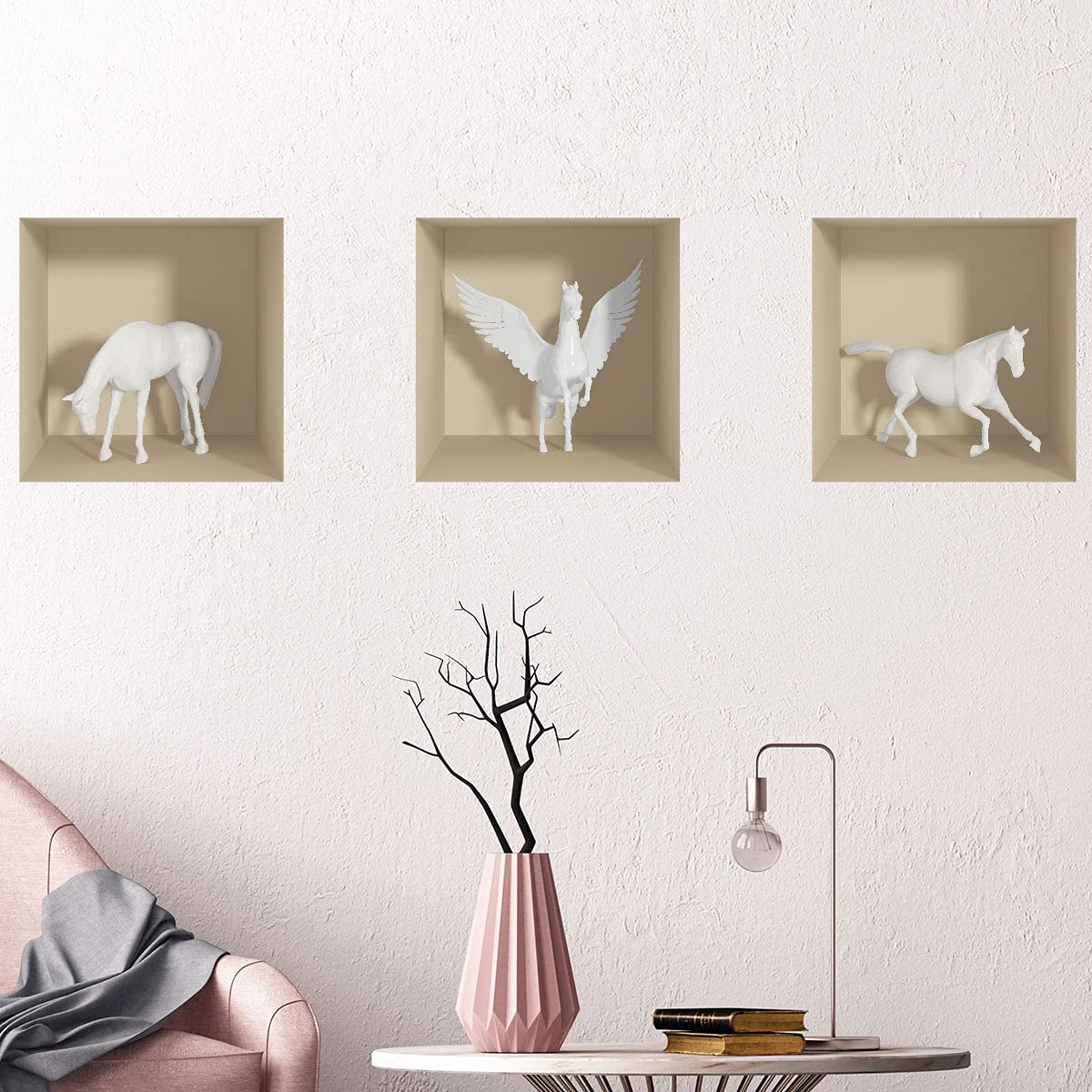 Stickers muraux 3D chevaux adhésifs et deco murale salon trompe l'oeil 30x90
