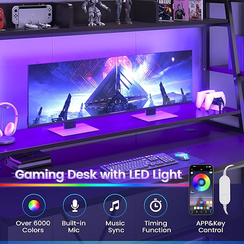 Miniatura 6 de SEDETA Gaming Desk 78.8'' with LED Lights, Hutch and Storage Shelves, Computer Desk with Monitor Stand, Large PC Gamer Desk Workstation, Ergonomic