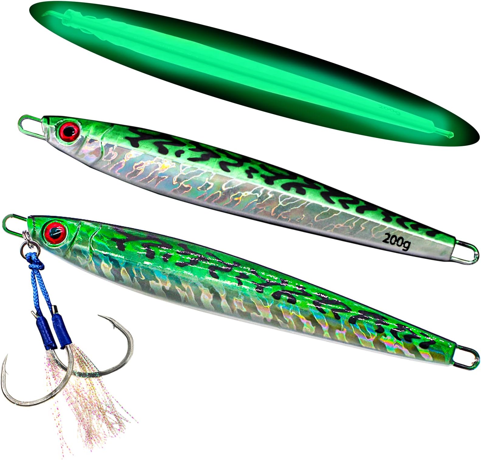 Zsrivk Glow Fishing Jigs Saltwater Luminous Fishing Lure Hard Bait Sea Fishing Slow flat fall Jigging Pitching Artificial Lure with Assist Hooks for Tuna Bass