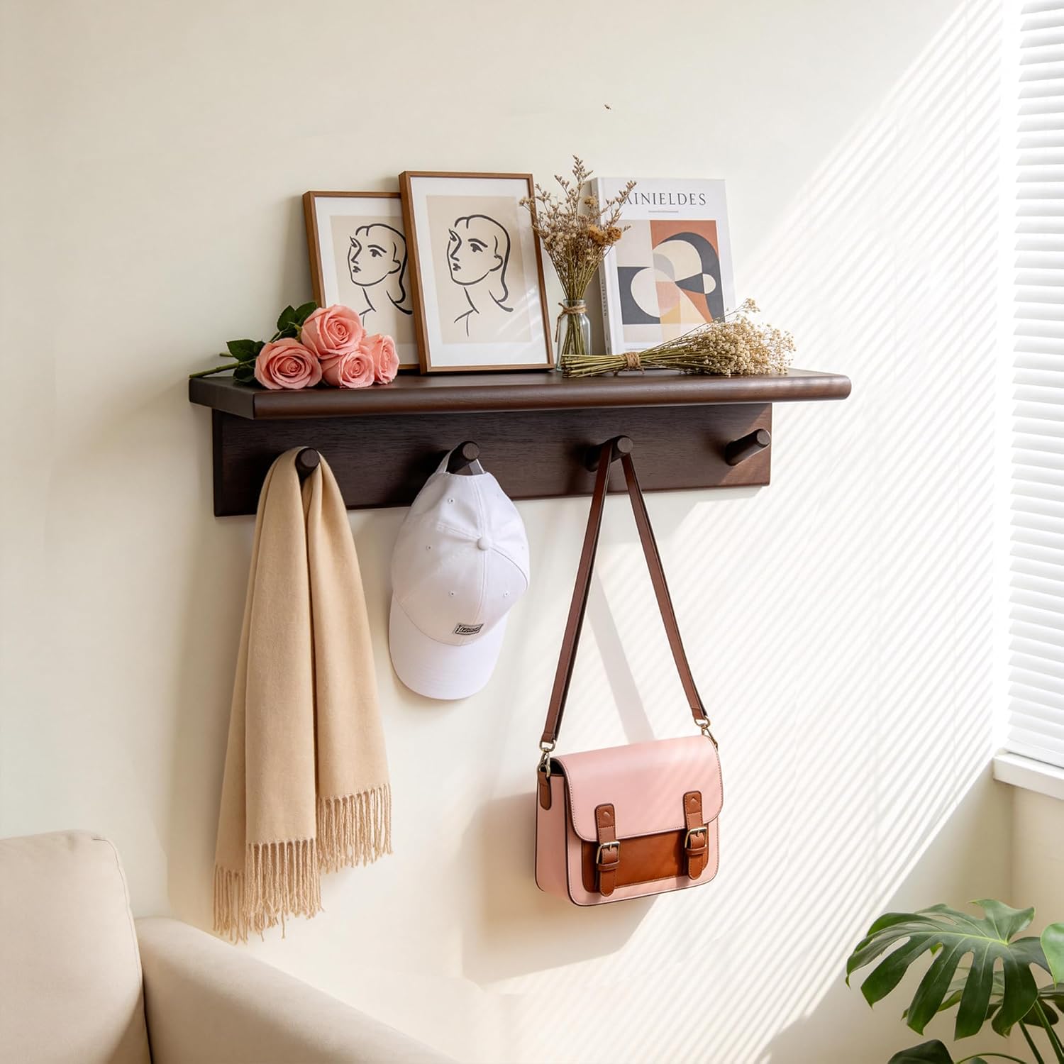 Wall Mounted Coat Rack with Shelf, Walnut Color，hat Rack for wall | Solid Yang Wood, 4 Hooks, 15.7x4x3.5 inches, Rustic Home Decor，coat rack wall mount，shelf with hooks，accordion wall hanger