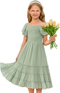 GRACE KARIN Girls' Puff Sleeves Short Sleeve Dress Square Neck A-line Casual Dress…