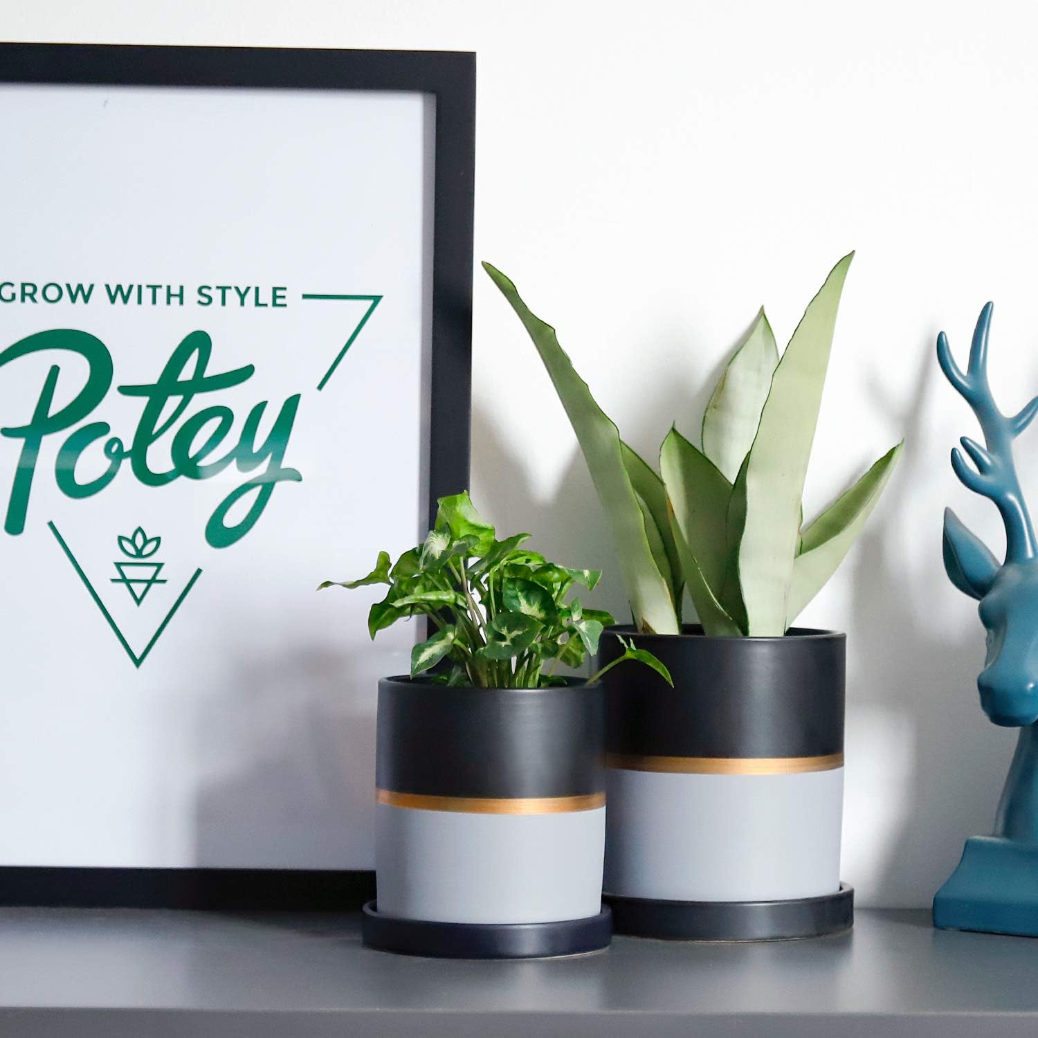 POTEY 052004 Planter Pots Indoor - 4.9 & 3.9 Inch Modern Home Decor Cylinder Ceramic Flowerpot Bonsai Container with Drainage Holes&Saucer for Indoor Plants Flower Succulent(Plants NOT Included)