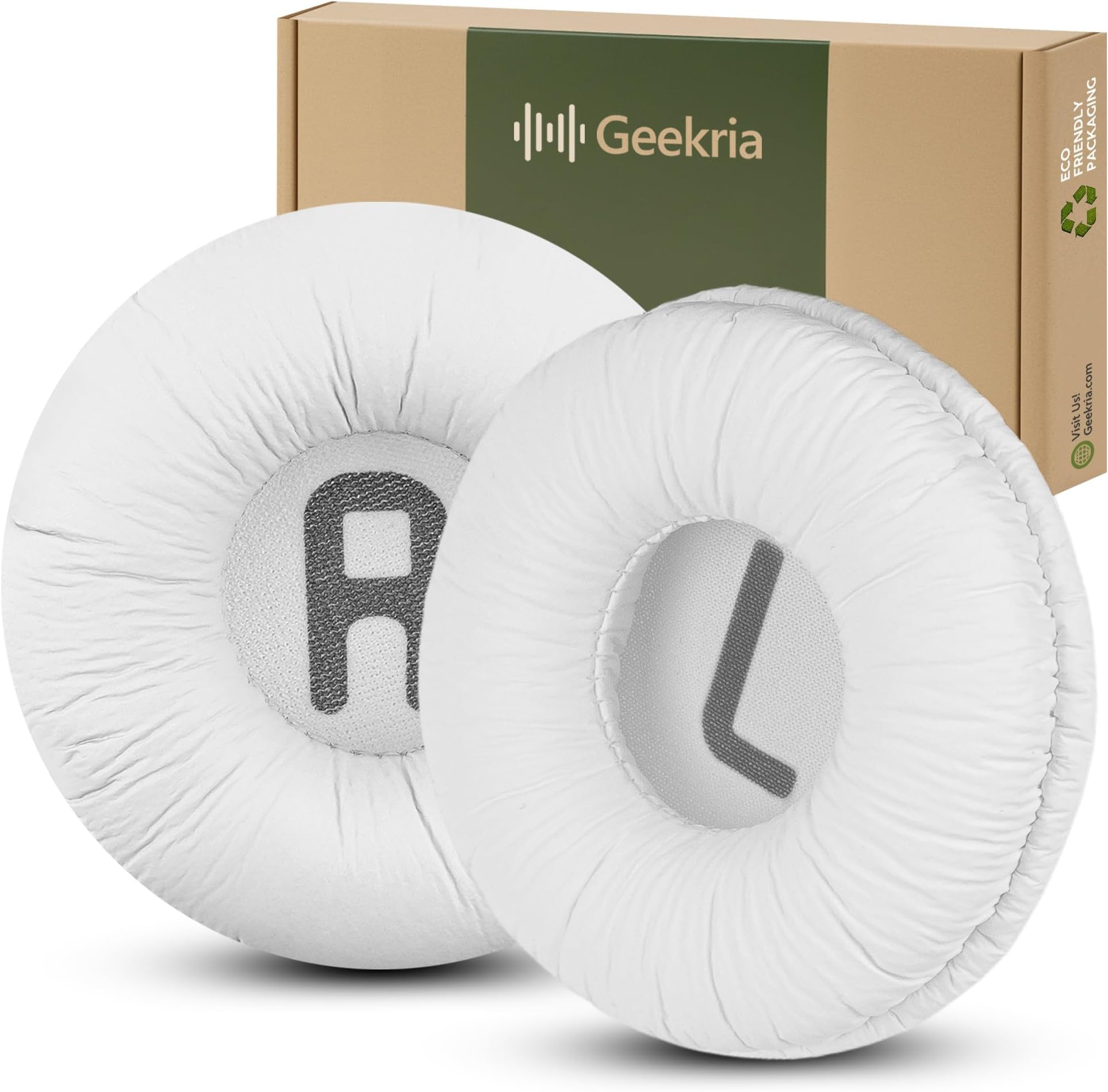 Geekria QuickFit Leatherette Replacement Ear Pads for JBL JR 300/ 300BT, T450BT/ 500BT, Tune 500/ 500BT/ 510BT, Tune 520BT Headphones, Ear Cushions with Video Guide (White)