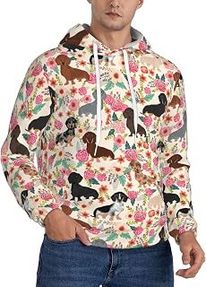 Dachshund Print Men'S Casual Hoodie Pullover, Thin Fleece Long Sleeve Loose Hooded Sweatshirt With Pocket And Comfortable Drawstring For Workout, Black, 3XL