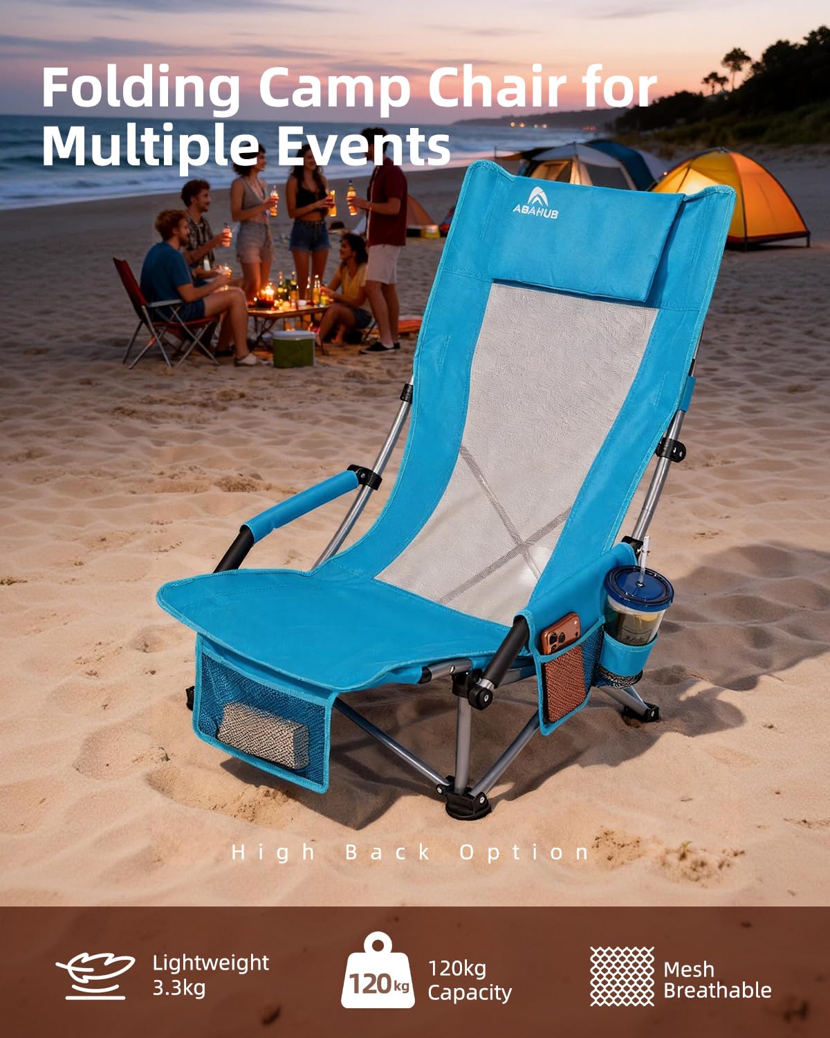 Abahub Strandstuhl Klappbar 120Kg mit Hochlehner Tragetasche Blau | Leicht Beach Chair Campingstuhl Faltbar Strandsitz Campingstuhl Klappstuhl Strand Bequem Tragbar Outdoor Camping 2 Stück