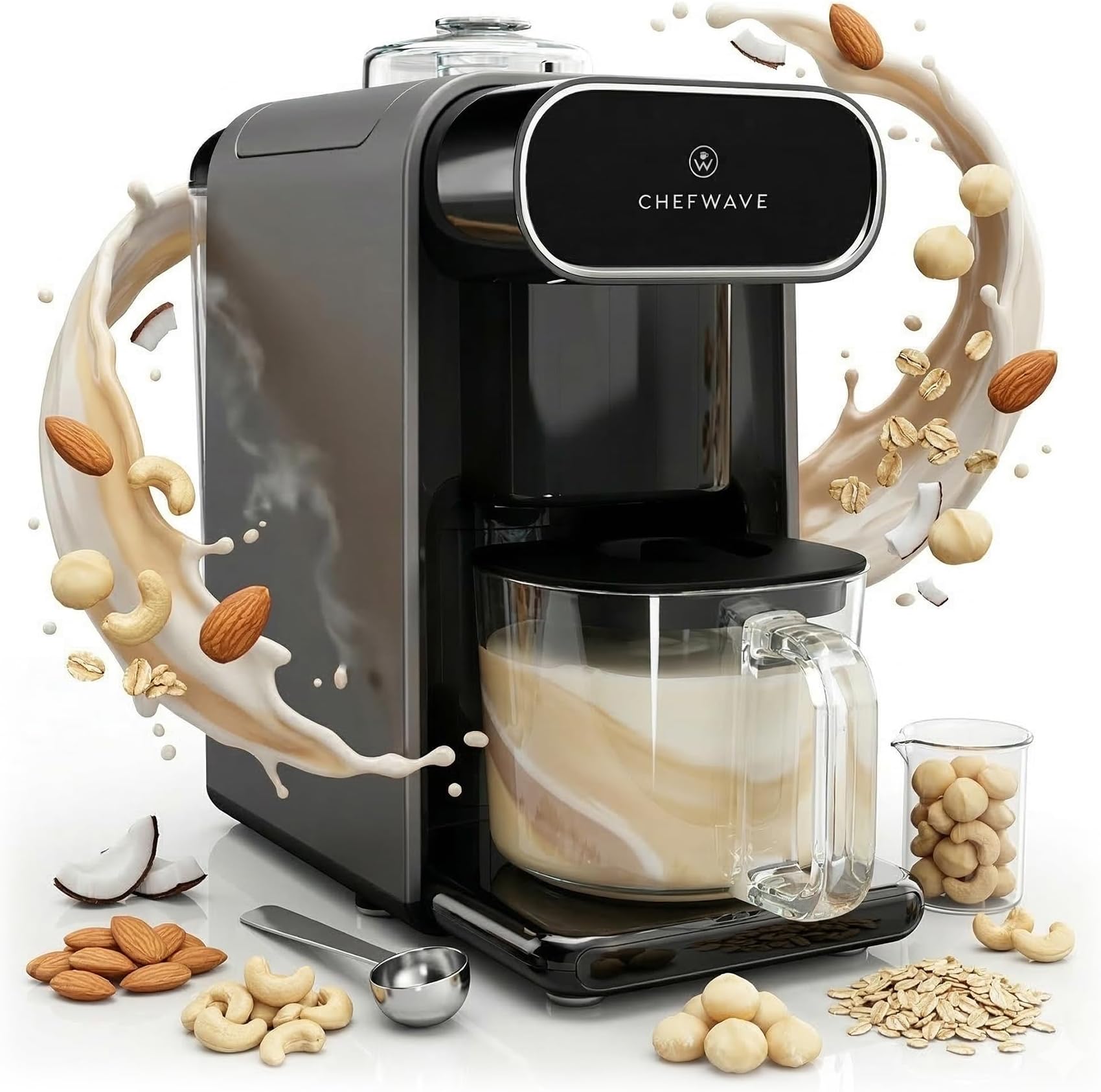 ChefWave Milkmade Non-Dairy Milk Maker, 6 Plant-Based Programs, Auto-Clean, Almond Oat Soy Cashew Coconut Macadamia, 1000W, (Silver/Black)
