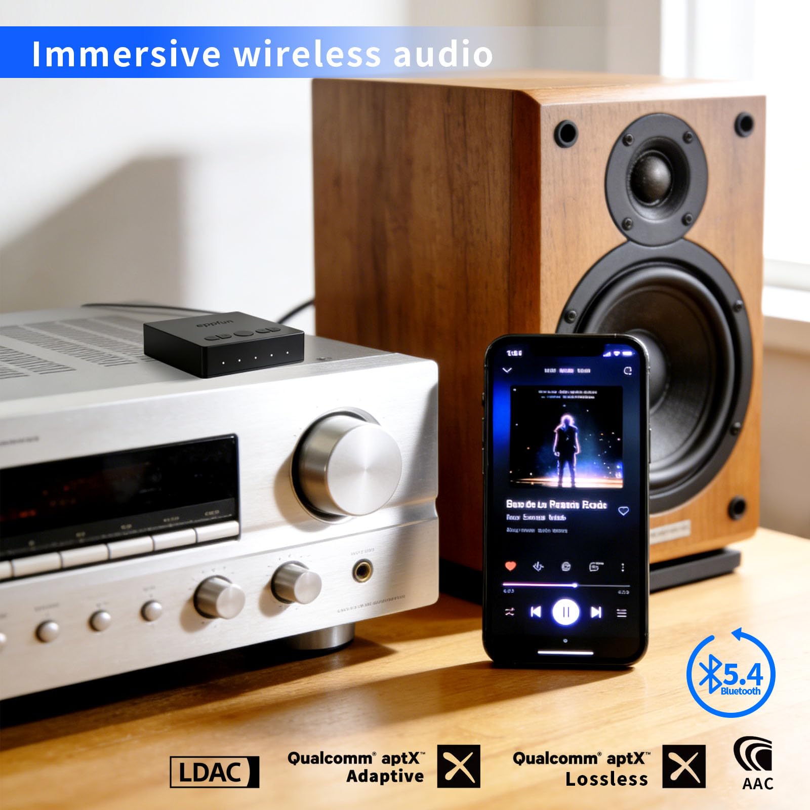 eppfun Receptor Bluetooth 5.4, LDAC APTX-Lossless Adaptive Audio Receiver Adapter con Óptica/RCA/Aux, Bluetooth HiFi para Amplificador/Estéreo Casa