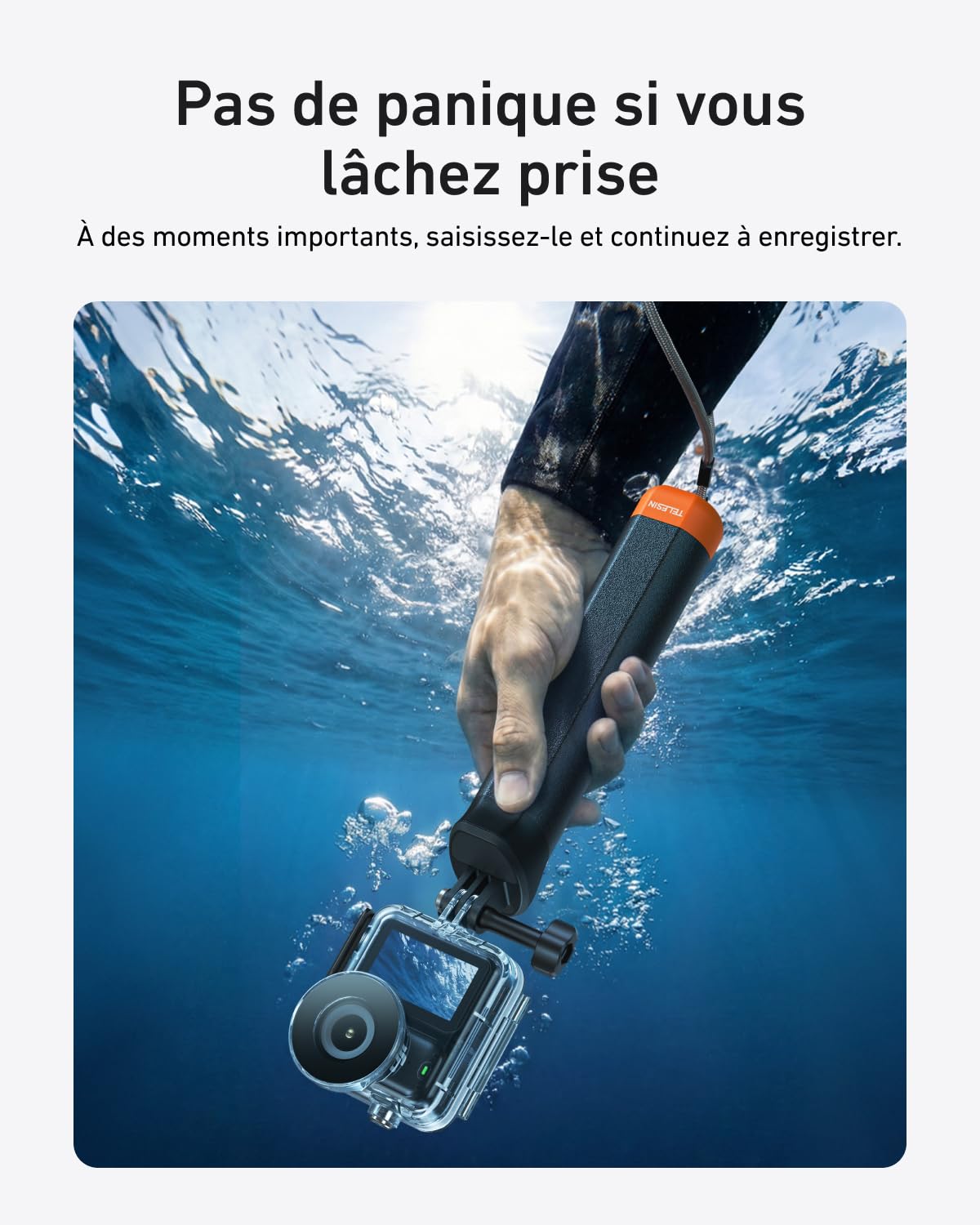 TELESIN Poignée Flottante 2.0 pour DJI Osmo Action 5 Pro/4/3, Bâton Selfie Étanche sous l’Eau, Compatible avec GoPro Hero 13 et Insta360 Caméras Action