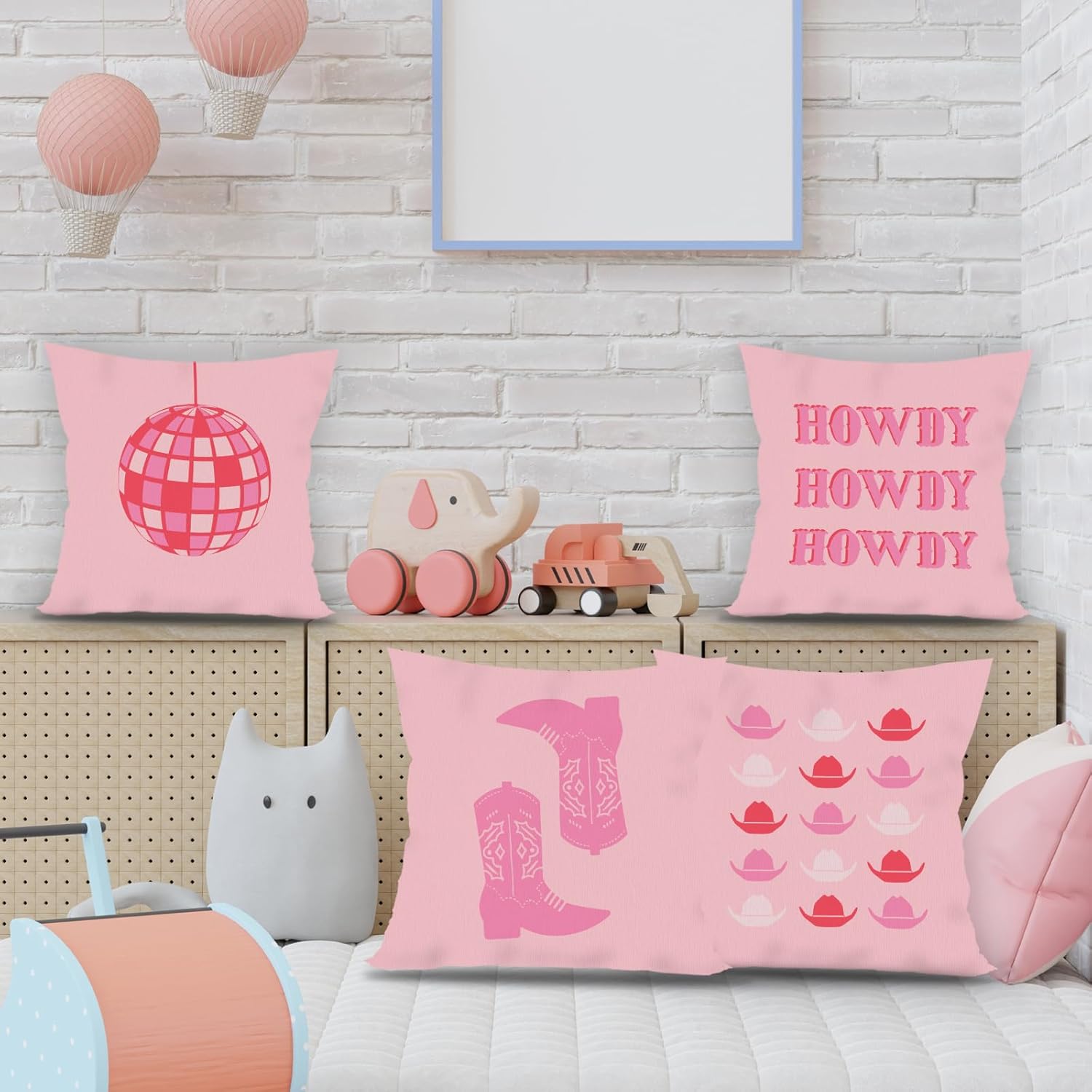 Hot Pink Preppy Howdy Western Cowgirl Boot Hat Disco Ball Decorative Throw Pillow Covers,Preppy Pillow Case Covers for Home Preppy Room Dorm Decor,Teen Girls Gifts,18×18 Inch Set of 4