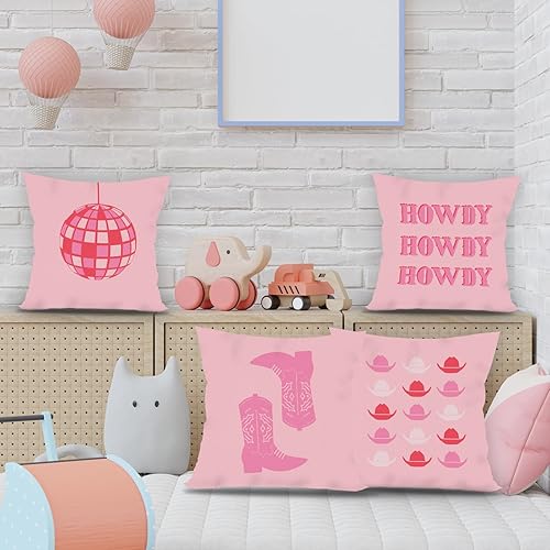 Miniatura 3 de Juego de 4 fundas de almohada decorativas de 18 x 18 pulgadas, color rosa intenso, con diseño de vaquera occidental, diseño de bola de discoteca