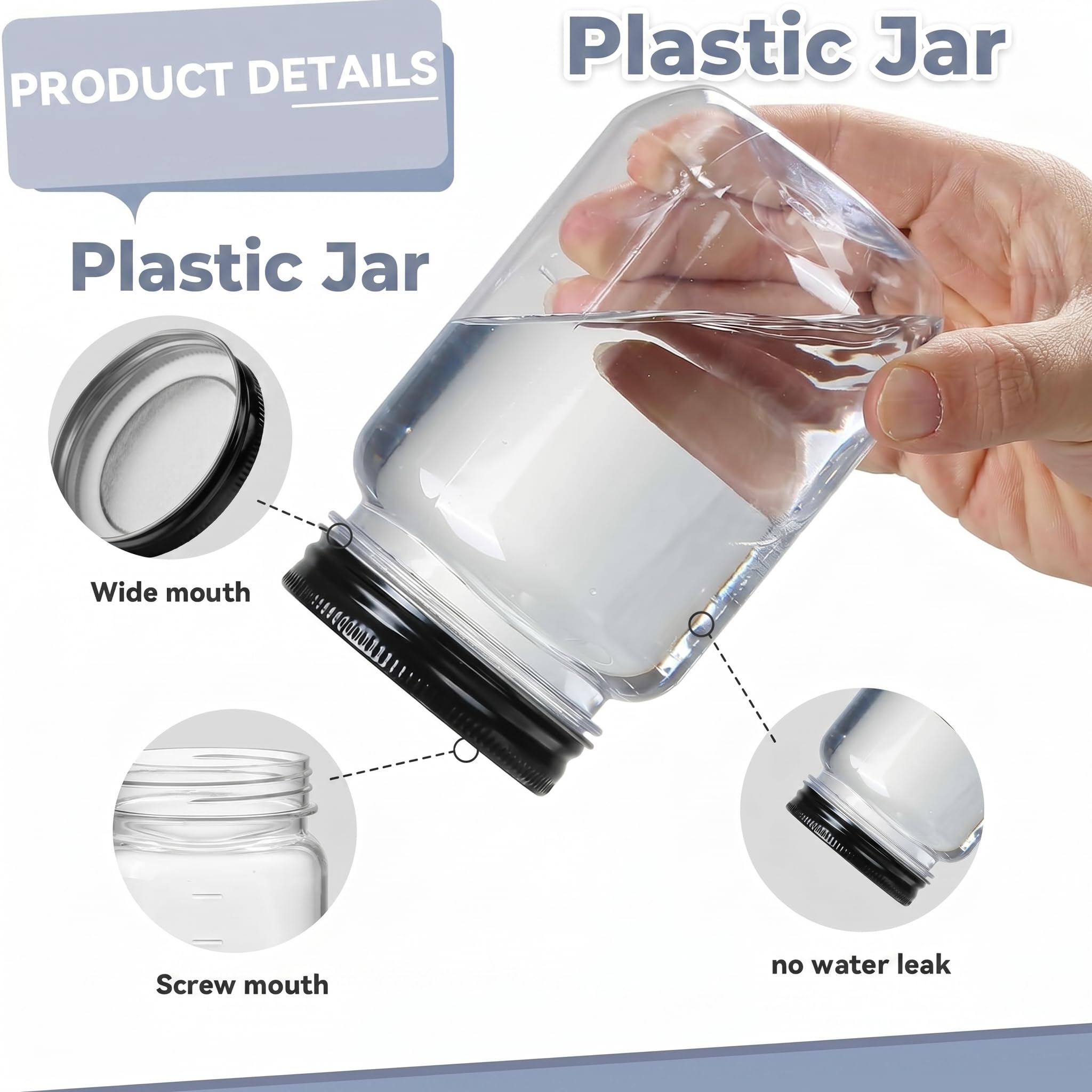 Novelinks Bocaux en plastique transparent avec couvercles noirs 473 ml 20 Pack