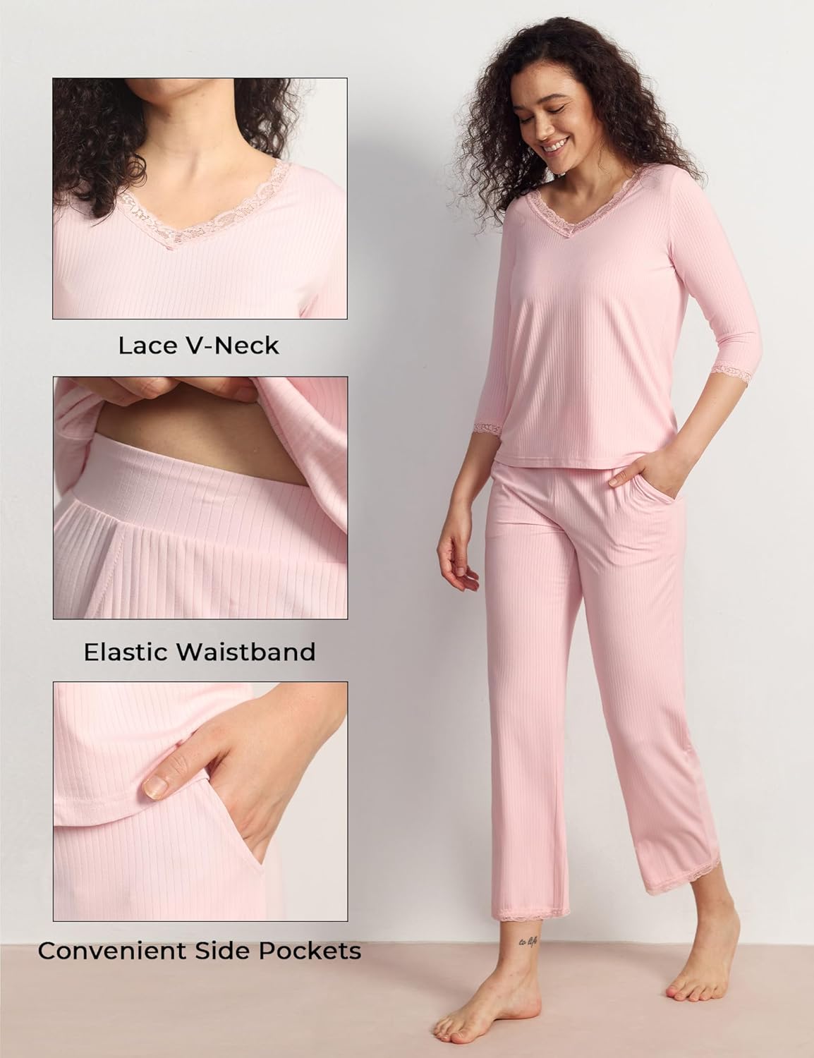 GYS Women's Pajamas Set Soft Comfy V Neck 3/4 Sleeve Top and Cropped Pants 2 Piece Sleepwear - Image 4