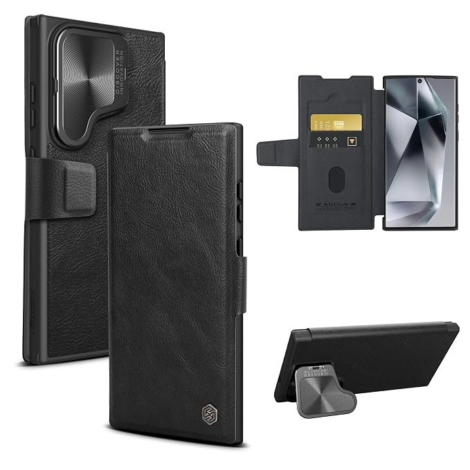 Nillkin for Samsung Galaxy S24 Ultra Wallet Case, PU Leather Case with Card Holder and Camera Cover, Built-in Camera Stand, Card Slot, Magnetic Flip Cover for Galaxy S24 Ultra 6.8 inch - Black