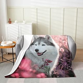 Sakura Dog Fleece Throw Blanket for Bed Sofa Couch,Kids Pet Dog Siberian Husky Floral Fleece Flannel Fuzzy Blanket All Season Bed Blanket,Pink Cherry Blossom Room Decor Plush Blanket Twin 60
