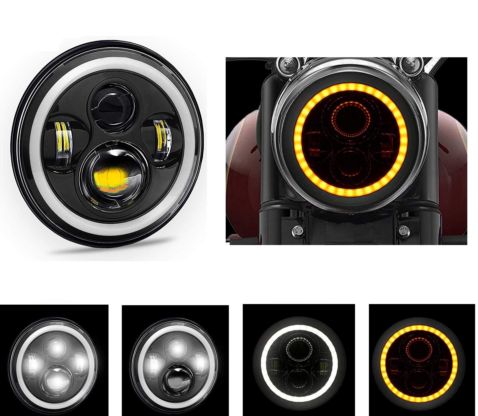 Aow Attractive Offer World 7 Inch 6 LED Headlight Dual Color DRL Ring Universal for All Royals Enfiield Models, Mahindra Thar Jeep (White and Amber, Single Unit) H-7