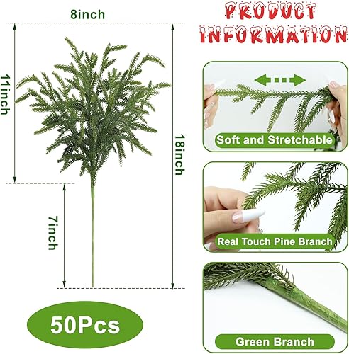 Miniatura 5 de Artgar 50 ramas de pino tallo de pino verde artificial de 18 pulgadas Ramas de pino de tacto real Ramas de pinos verdes de Navidad para arreglos
