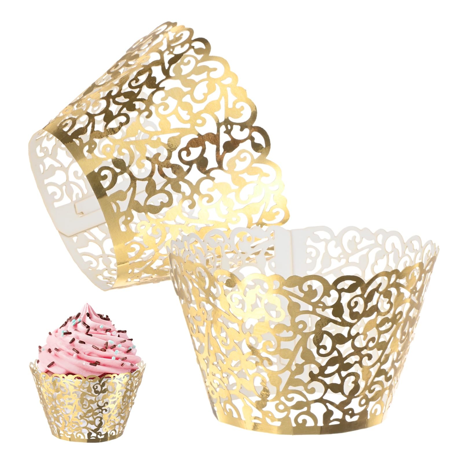 M METERXITY 50-Pack Cupcake Wrappers, Vine Decoration Standard Baking Cups for Wedding/Birthday Party/Bakeries/Cafes Cake Decoration, Bake Cake Paper[Reflective Gold]