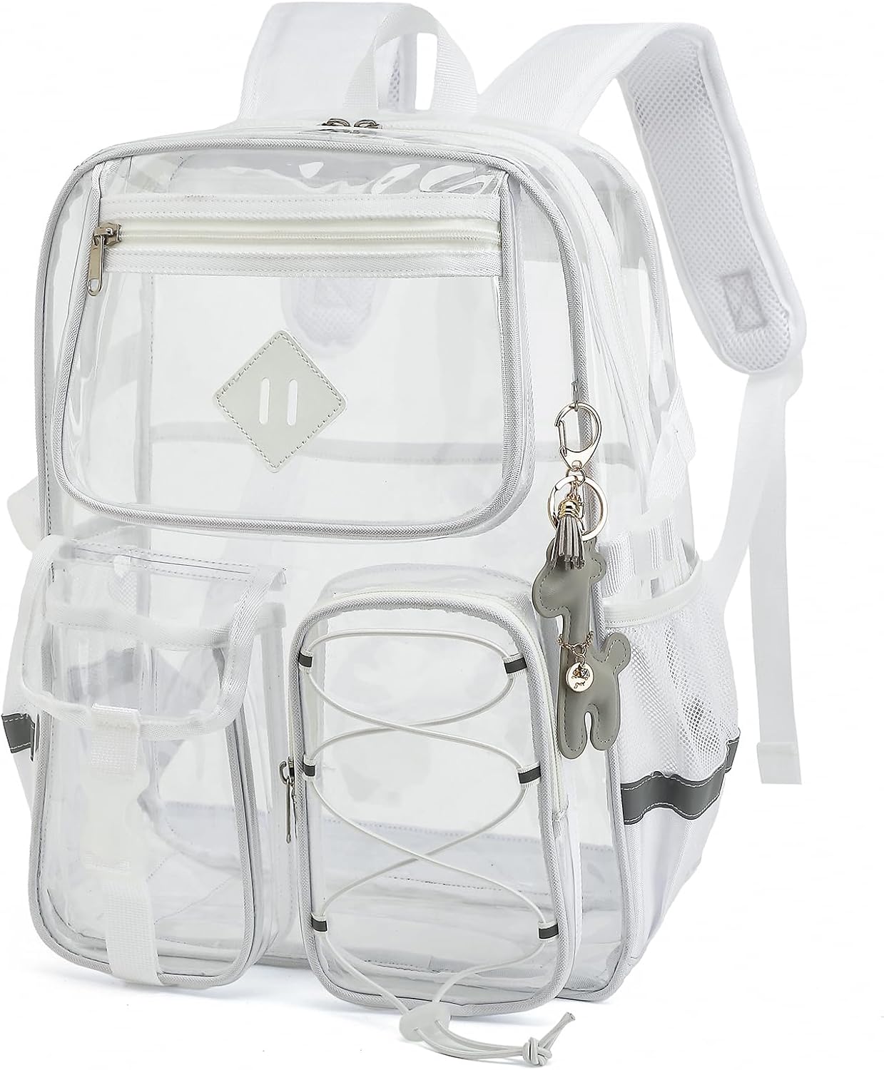 Clear Backpack for Girls Women, Heavy Duty Transparent School Backpack Bookbag with Giraffe Keychain (White)