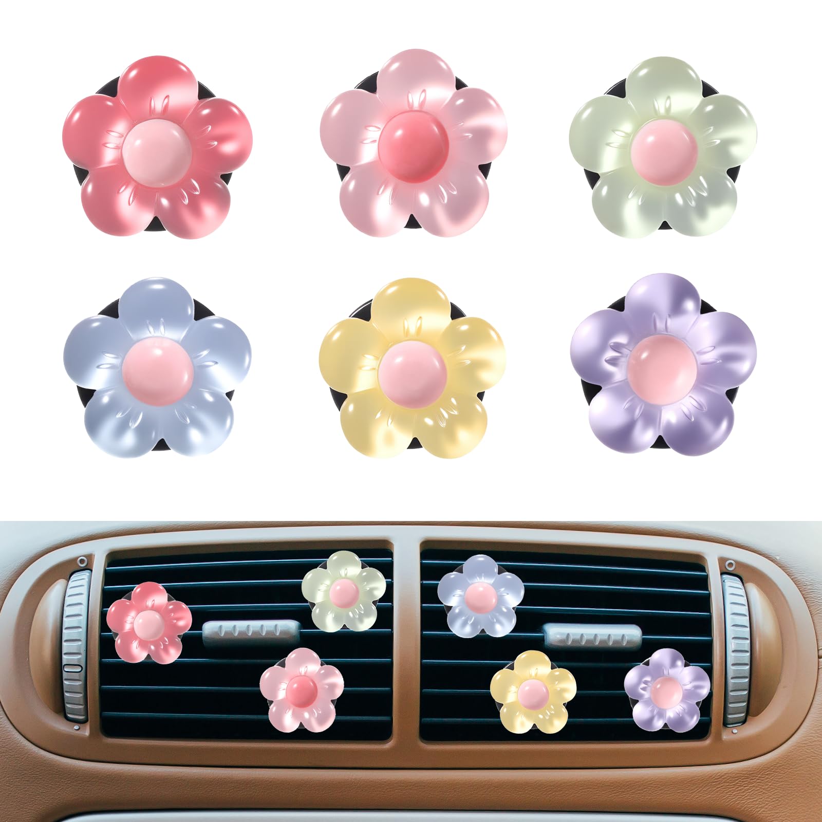 6 PCS Flower Air Vent Clips Car Air Freshener Vent Clips for Women Cute Flower Airs Conditioning Outlet Clip Decorations Daisy Flowers Car Accessories