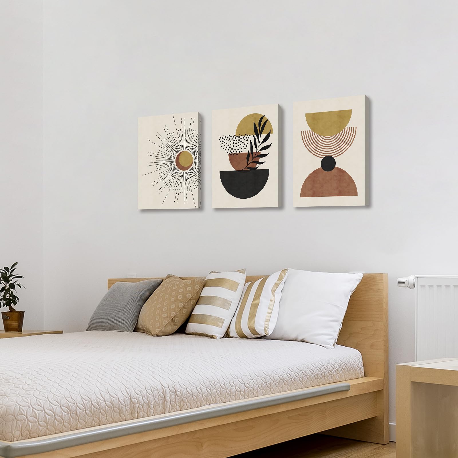 3Pcs Wooden Framed Boho Canvas Wall Art Beige Ginger Orange Abstract Leaves Sun Painting Canvas Prints Nordic Minimalist Picture for Living Room Bedroom Hallway Home Wall Decor 120x60cm(16"x24"x3pcs) — view 4