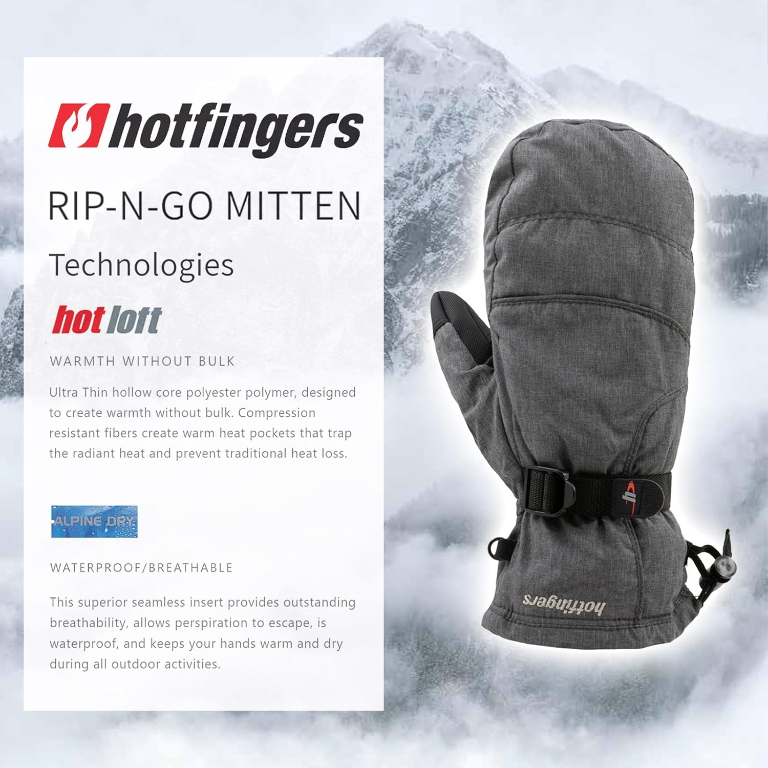 hotfingers Men's Rip-N-Go Alpine Sport Winter Mittens | Warm Insulated Waterproof Windproof Cold Weather Gloves for Men