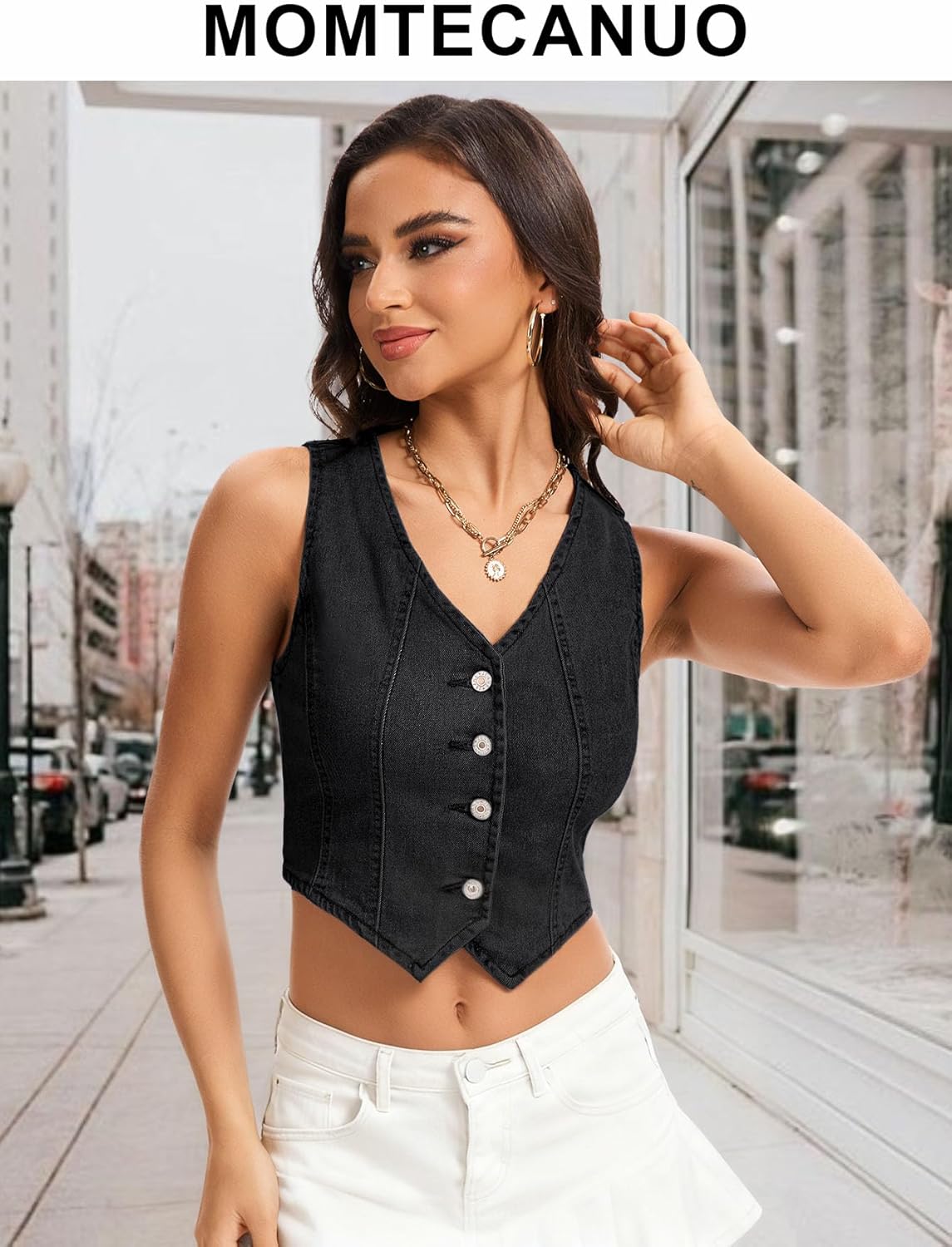 Women's Denim Vest Crop Jean Vest Tops Sleeveless V Neck Button Down Fitted Summer Western Country Denim Waistcoat - Image 5