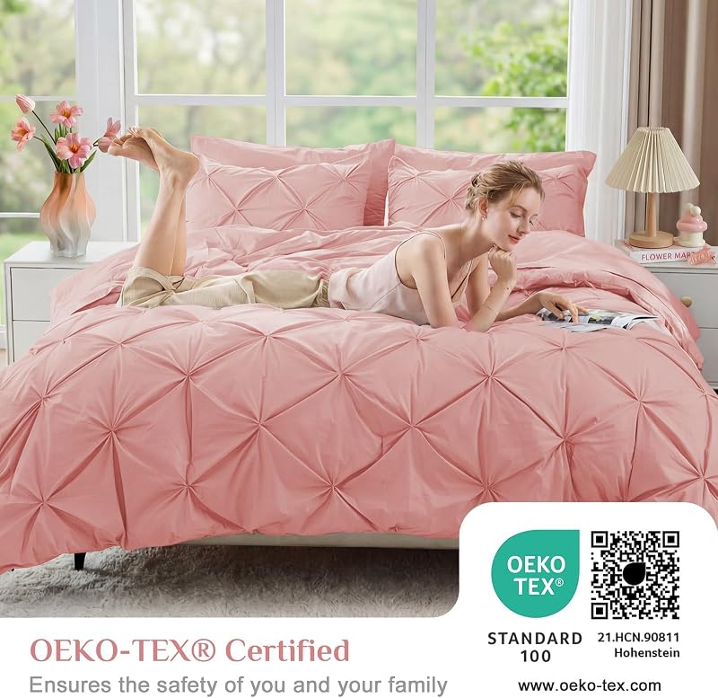 JOLLYVOGUE Full Size Comforter Sets 7 Pieces - Bed in a Bag Full for All Season, Pintuck Bedding Comforter Sets with Comforter, Flat Sheet, Fitted Sheet and Pillowcases & Shams, Pink image 3