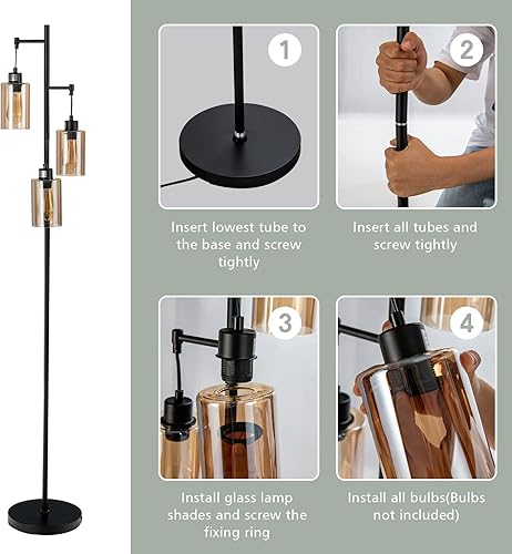 Miniatura 7 de Tangkula Lámpara de pie retro con pantalla de cristal ámbar colgante de 3 cabezales, interruptor de pie, base de metal, industrial para sala de