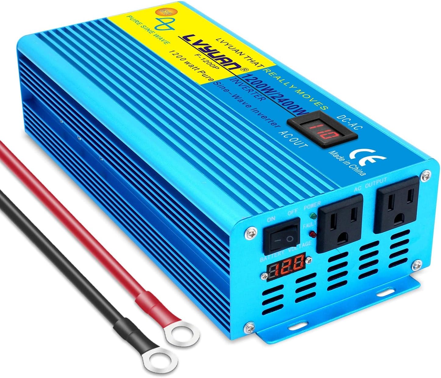 1200 Watt Pure Sine Wave Inverter 12V DC to 110 V AC Power Inverter with 2 AC Outlets LCD Display for Car Truck RV