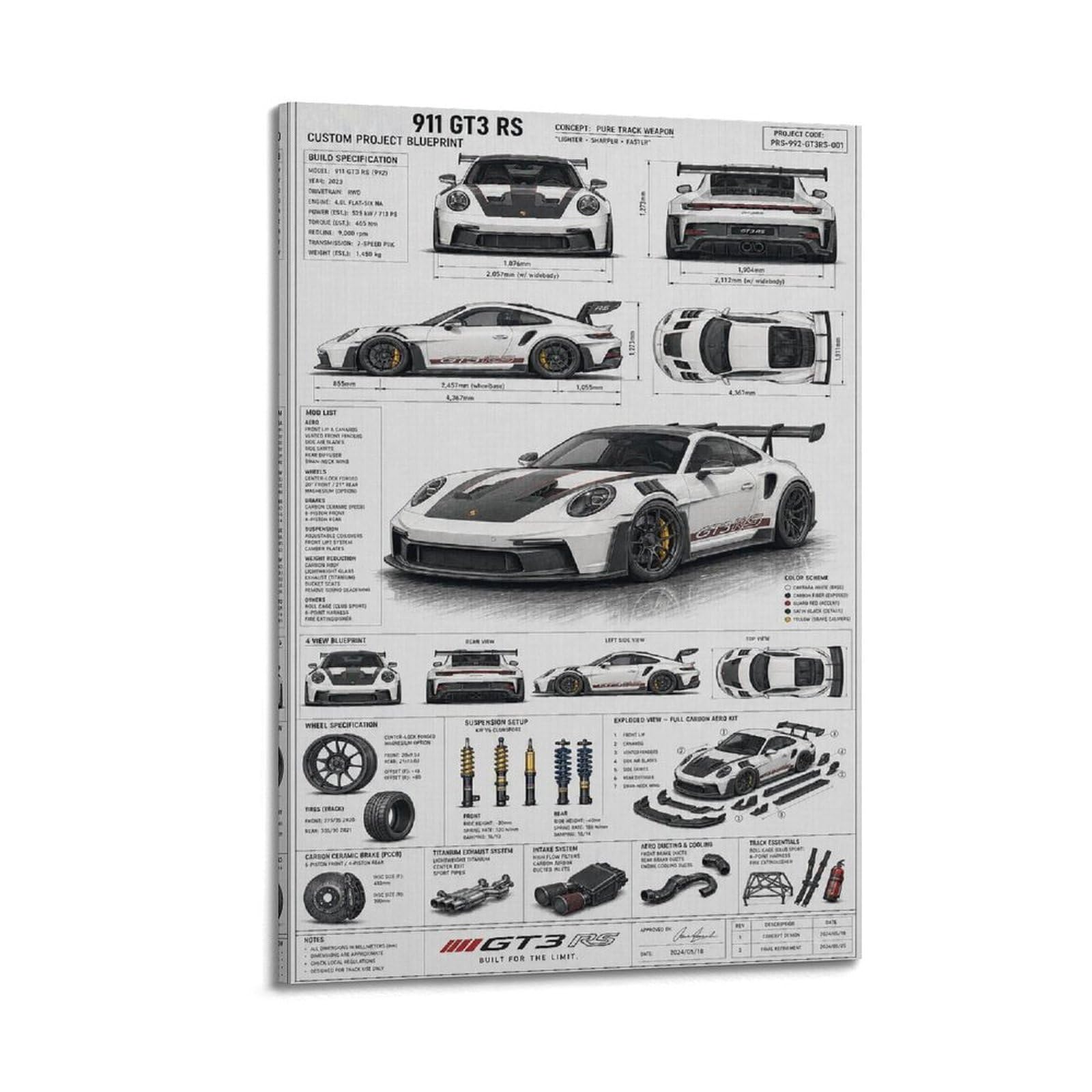 XKUGA Supercar Poster 911 GT3 992 RS Racing Track Aero Kit Modern Decorative Canvas Prints - Ideal Wall Art for Family, Man Cave, Game Room, Boys & Girls Bedroom 24x36inch(60x90cm)