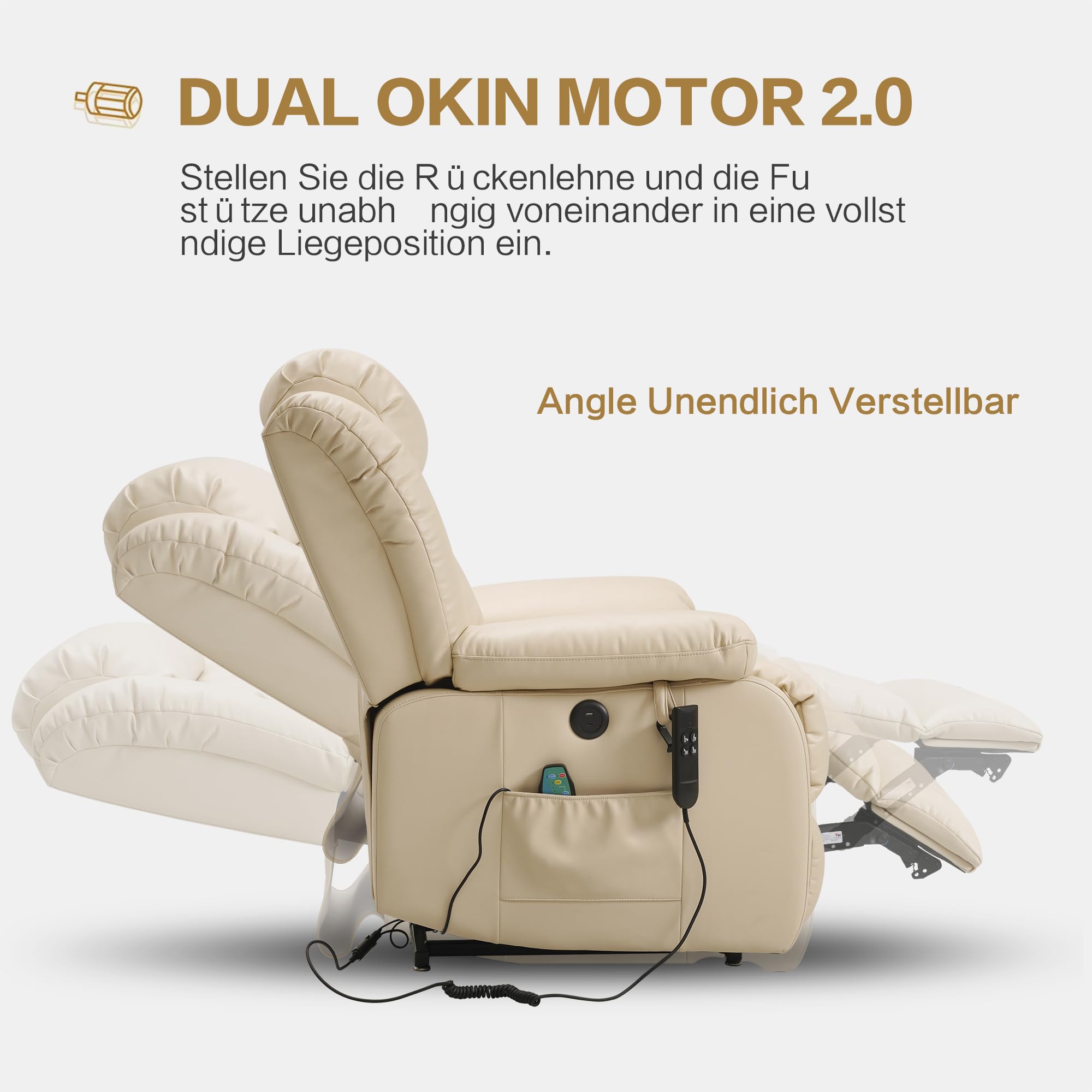DUANDUAN 2 Motoren Elektrischer stufenlos verstellbar Relaxsessel mit 180° Liegefunktion, Sessel mit Schlaffunktion, Massagesessel mit Aufstehhilfe,Vibration und Heizung (Beige)