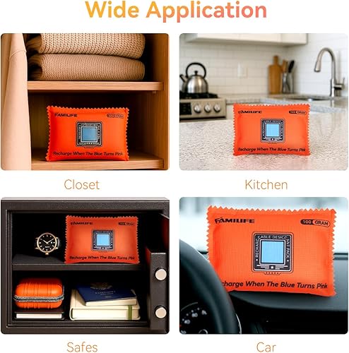 Miniatura 6 de FAMILIFE Paquetes de 6 desecantes recargables de 3.53 oz, bolsas deshumidificadoras reutilizables que indican el color, paquetes de gel de sílice,