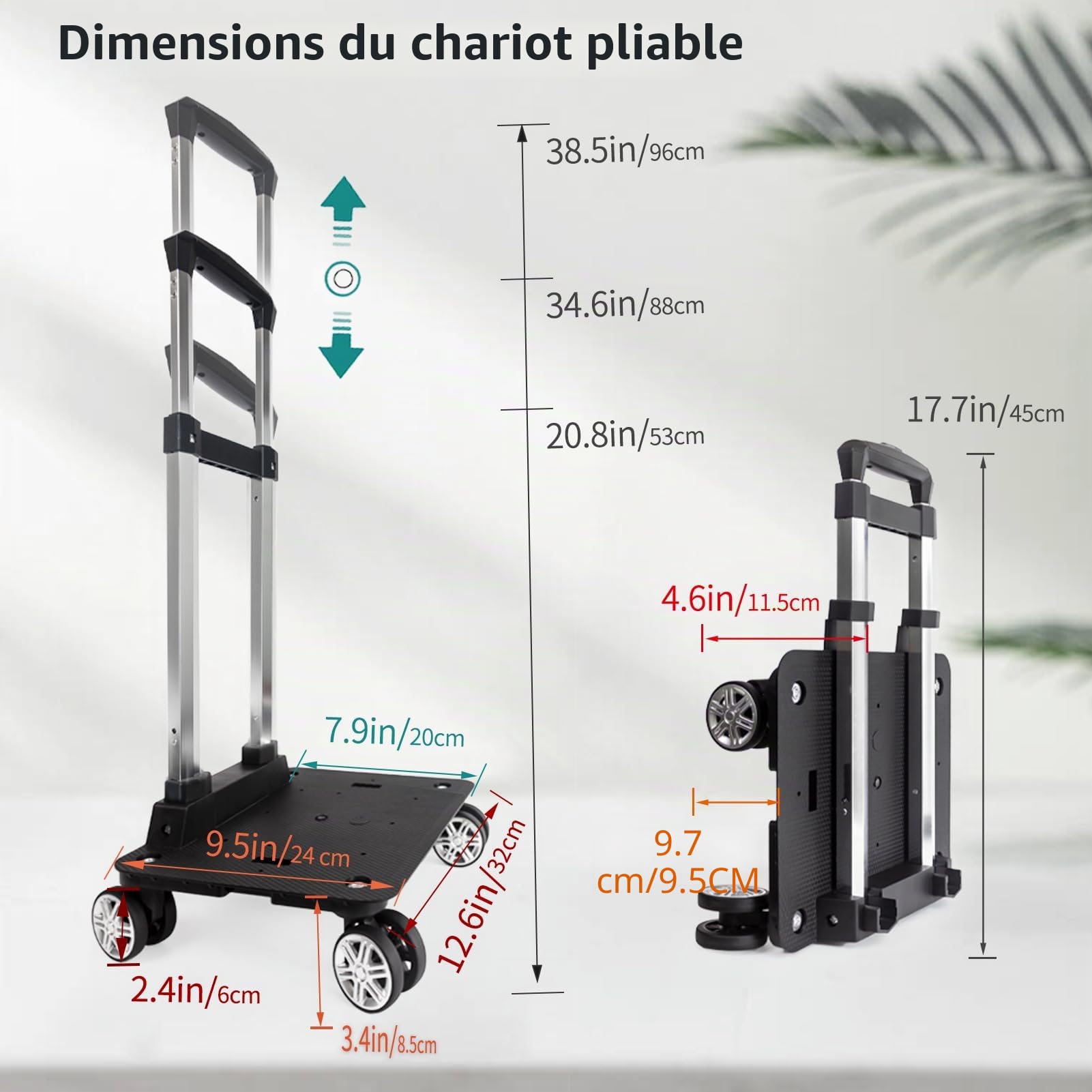Chariot à dos à roulettes avec sangle de bagage, chariot pliable en alliage d'aluminium pour cartable, sac à dos, chariot de voyage