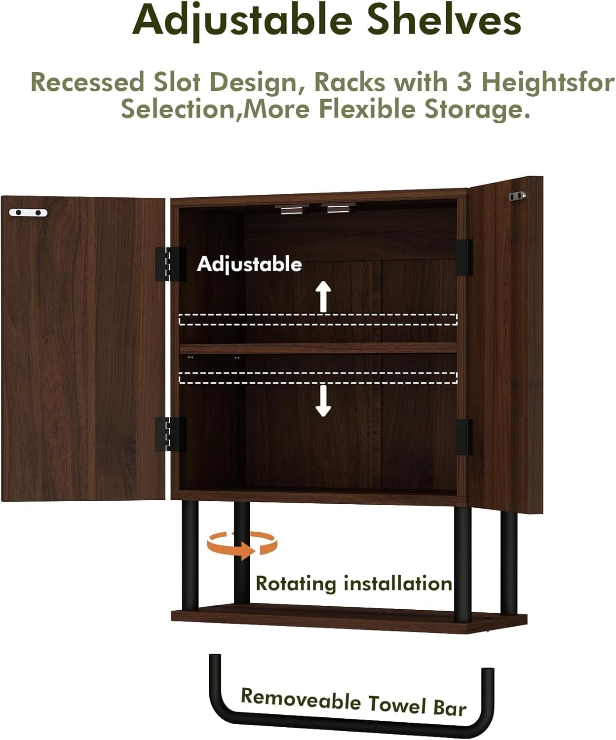 Diagram showing adjustable shelves and removable towel bar